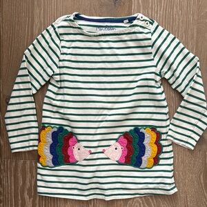 Mini Boden Striped Green Dress with Hedgehog Design